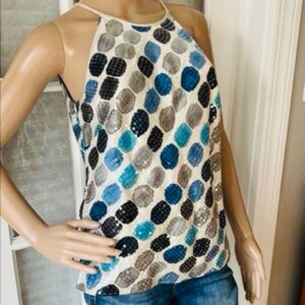 ANN TAYLOR SIZE 12~100% SILK SLEEVELESS POLKA DOT SEQUIN BLOUSE TANK TOP~SHIRT